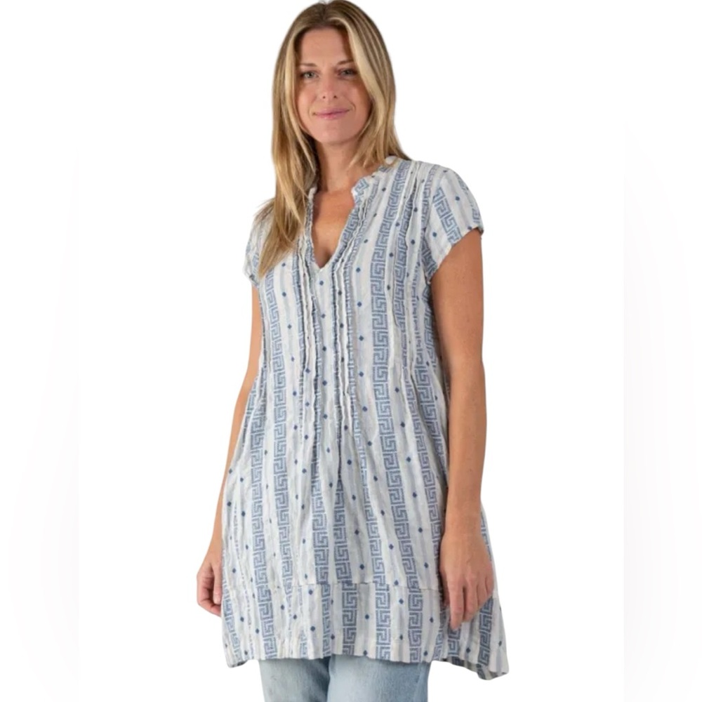 CP Shades, GORGEOUS Linen Tunic Dress, Medium, Greek key print, darts